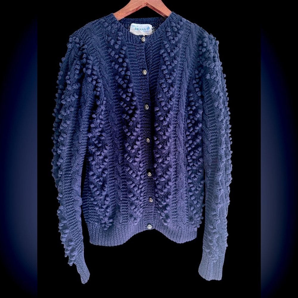 DEANS of Scotland Navy Blue popcorn cable knit Cardigan Large Ramie/Cotton blend